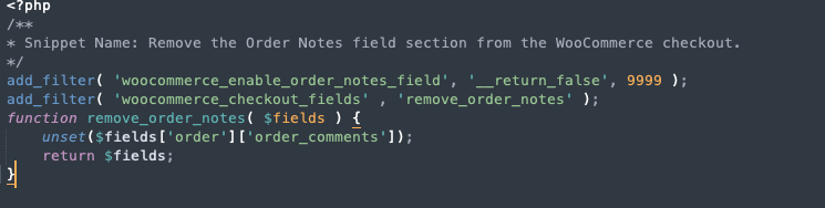 Remove the Order Notes field section from the WooCommerce checkout.