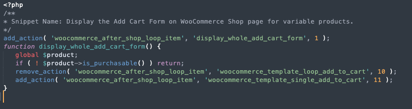 Display the Add Cart Form on WooCommerce Shop page for variable products.